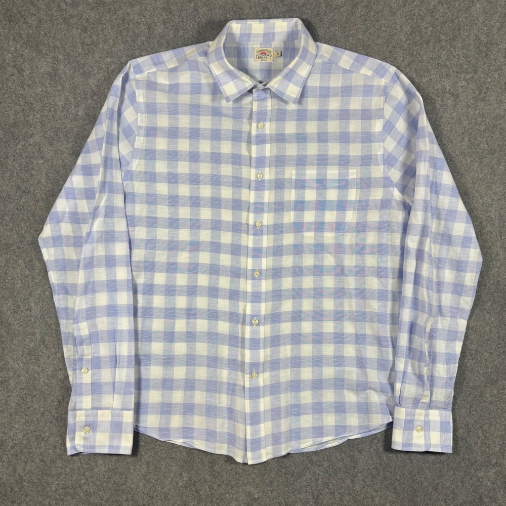 Faherty Shirt Mens L Blue White Gingham Cotton Linen Blend Long Sleeve Button